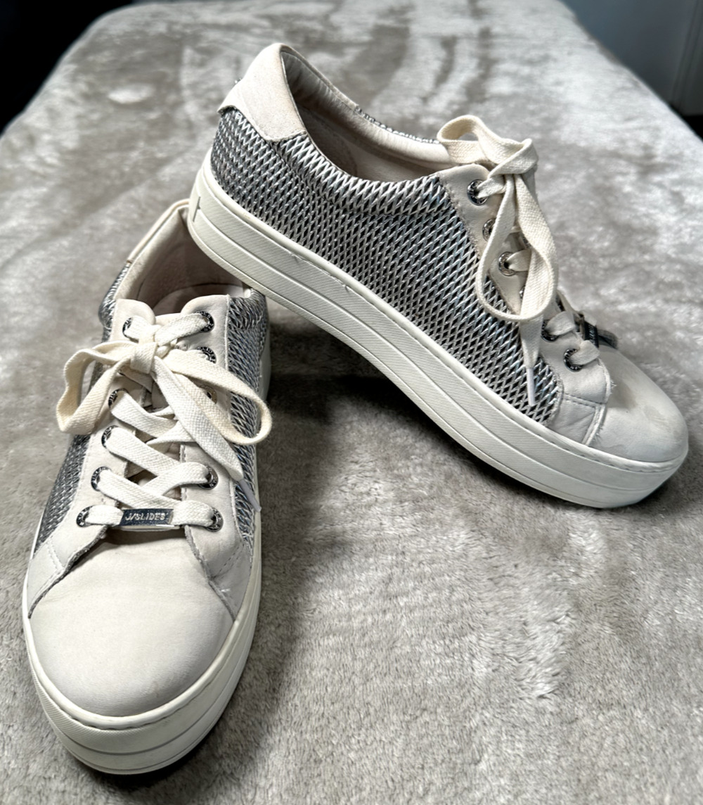 J/Slides White Leather Silver Metallic Textured Platform Sneakers Womens Size 8